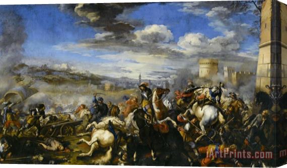 Jacques Courtois Battle Scene with Infantry Cavalry And Cannon a Fortress And a City Beyond Stretched Canvas Print / Canvas Art