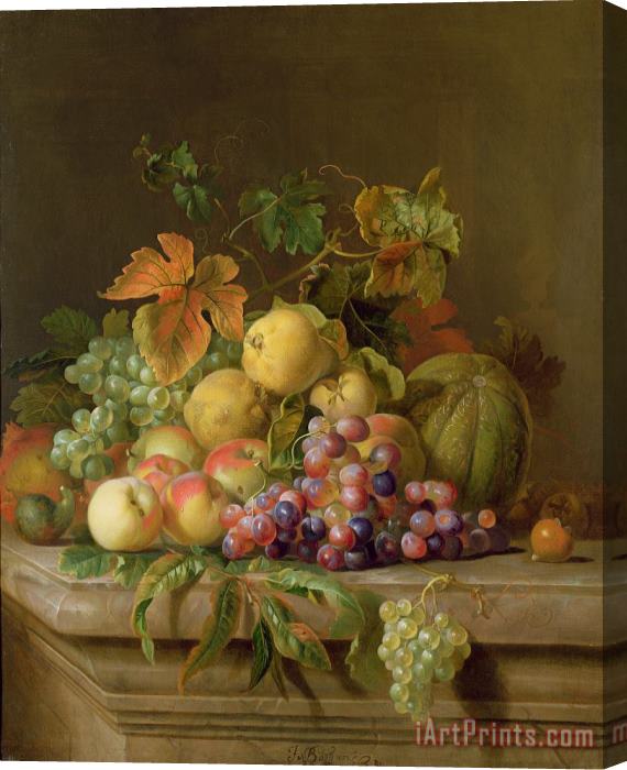 Jakob Bogdani A Still Life of Melons Grapes and Peaches on a Ledge Stretched Canvas Print / Canvas Art