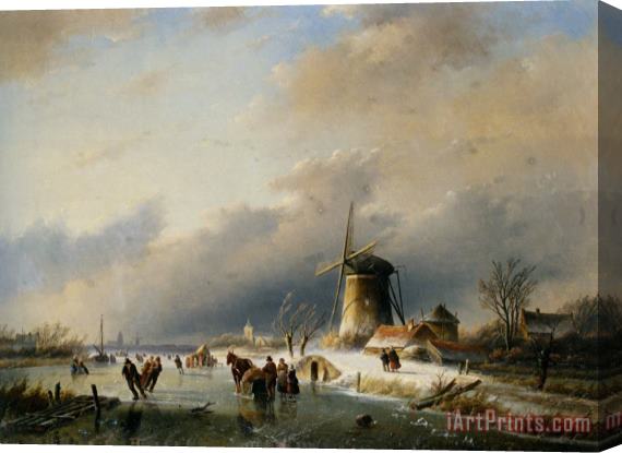 Jan Jacob Coenraad Spohler Figures Skating on a Frozen River Stretched Canvas Print / Canvas Art