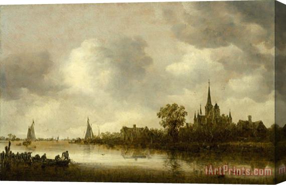 Jan Josefsz van Goyen River Landscape with a Church in The Distance Stretched Canvas Painting / Canvas Art