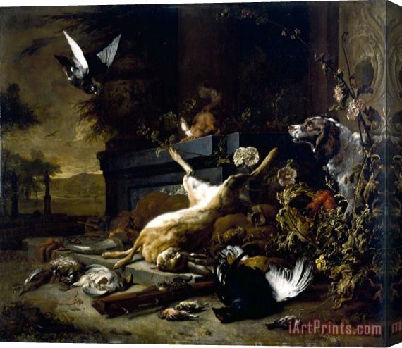 Jan Weenix Still Life of Game Including a Hare, Black Grouse And Partridge, a Spaniel Looking on with a Pigeon Stretched Canvas Print / Canvas Art