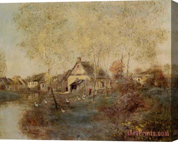 Jean Francois Raffaelli Feeding The Ducks Along The Canal Stretched Canvas Painting / Canvas Art