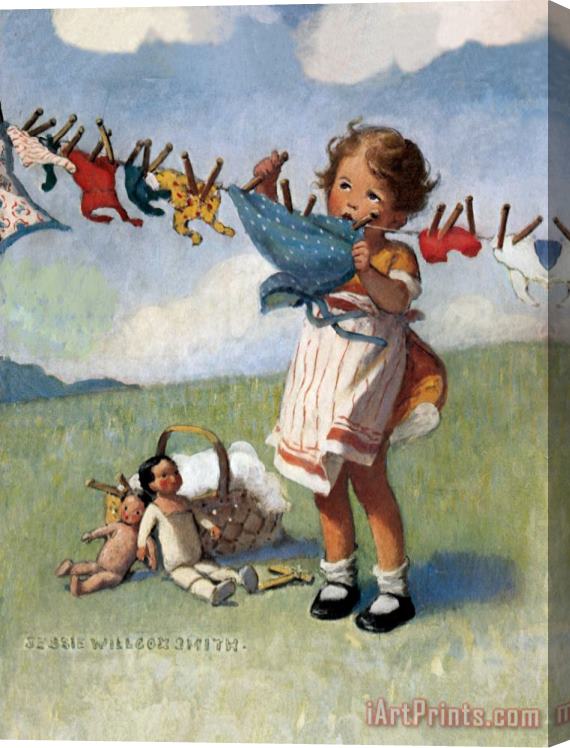 Jessie Willcox Smith Hanging Doll Clothes on a Windy Day Stretched Canvas Painting / Canvas Art