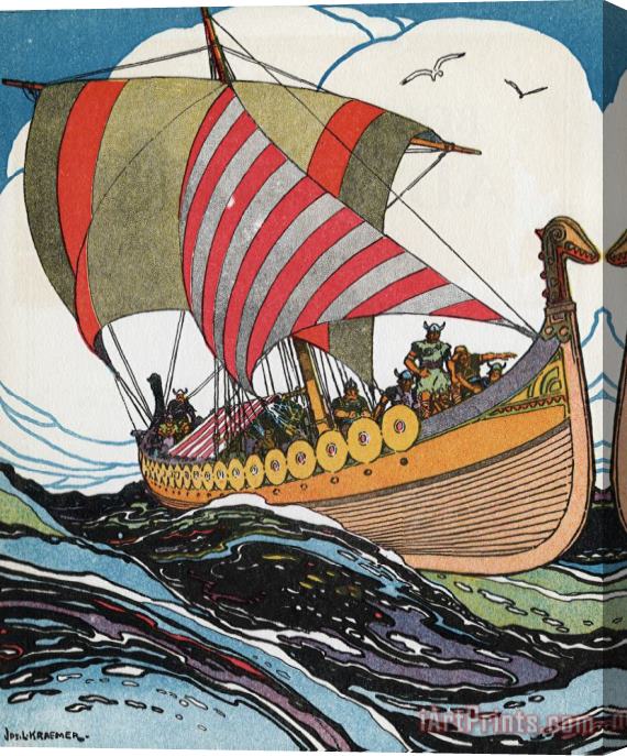 J.L. Kraemer Norse Explorer Leif Erickson's Ship Sailing Through Stormy Waters Stretched Canvas Print / Canvas Art