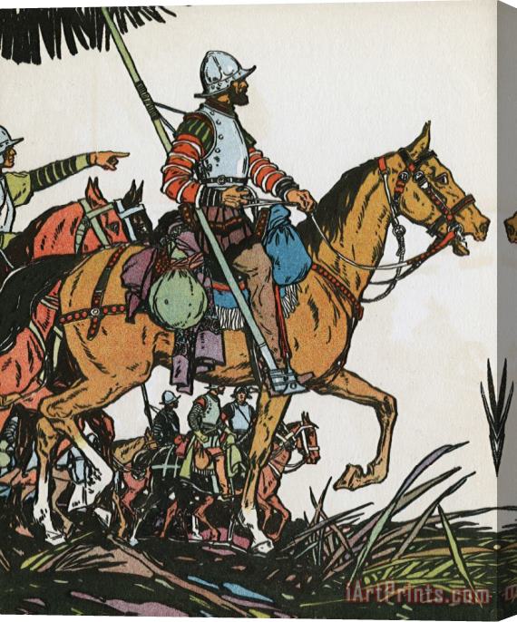 J.L. Kraemer Spanish Conquistador Francisco Pizarro Riding a Horse Carrying a Flag Stretched Canvas Painting / Canvas Art