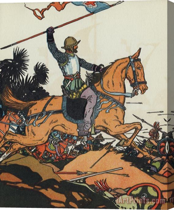 J.L. Kraemer Spanish Conquistador Hernan Cortes (cortez) Riding a Horse Into Battle Carrying a Flag Stretched Canvas Painting / Canvas Art