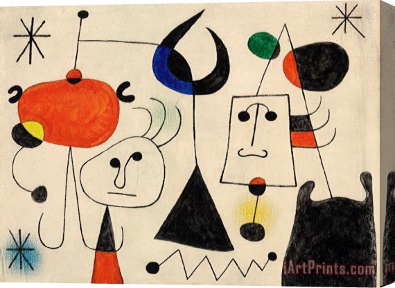 Joan Miro Personnages Et Oiseau Dans La Nuit, 1944 Stretched Canvas Print / Canvas Art