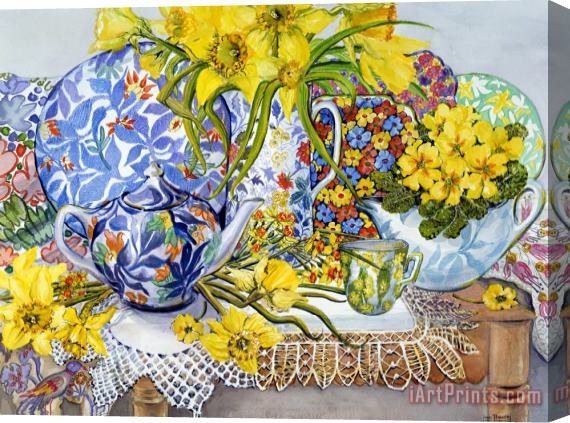 Joan Thewsey Daffodils Antique Jugs Plates Textiles And Lace Stretched Canvas Painting / Canvas Art