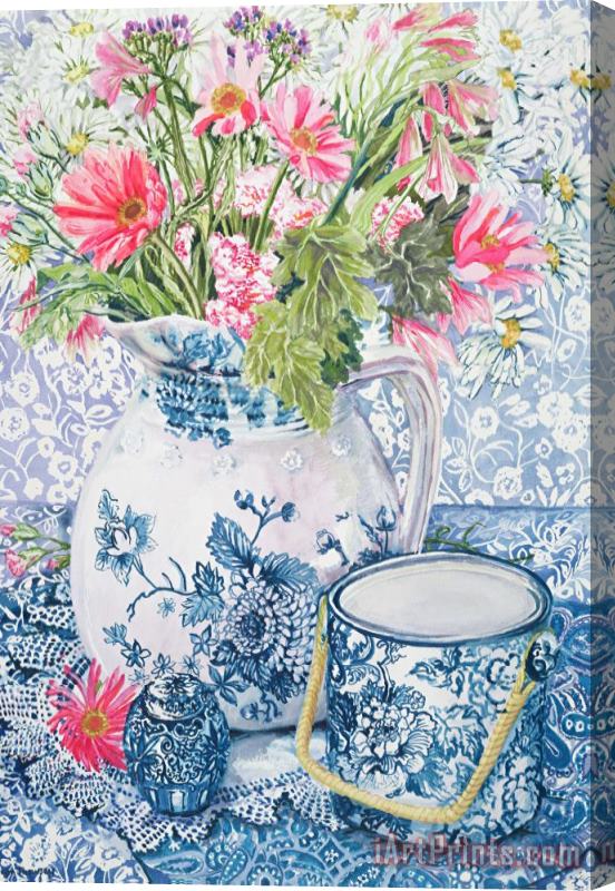 Joan Thewsey Gerberas In A Coalport Jug With Blue Pots Stretched Canvas Painting / Canvas Art