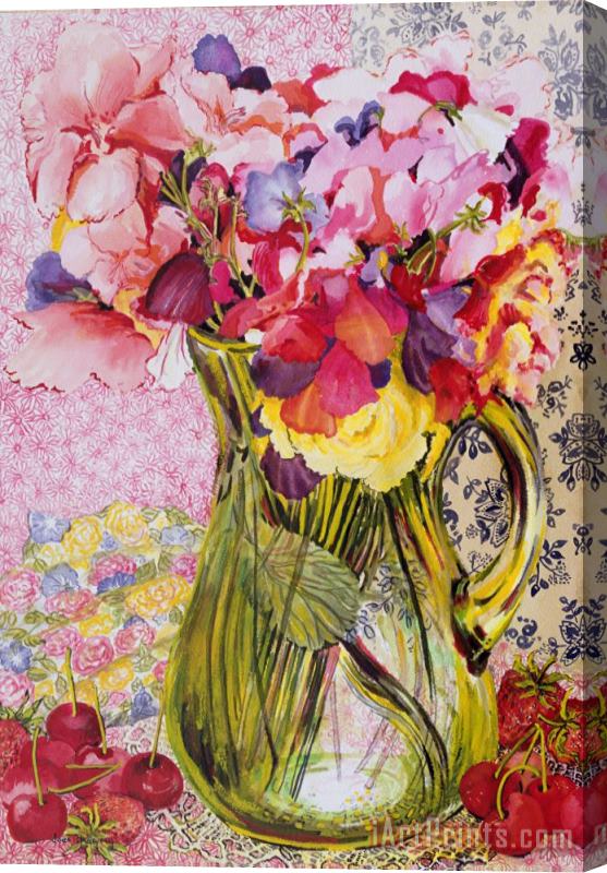 Joan Thewsey Sweet Peas With Cherries And Strawberries Stretched Canvas Painting / Canvas Art