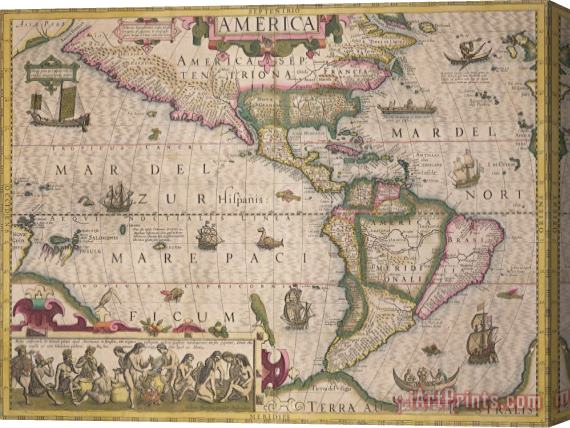 Jodocus Hondius Antique Map of America Stretched Canvas Painting / Canvas Art