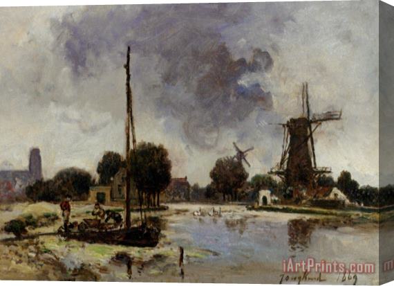 Johan Barthold Jongkind A Sailboat Moored on The Bank of a Stream Stretched Canvas Painting / Canvas Art