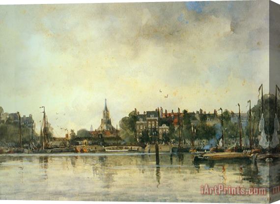Johan Hendrik Van Mastenbroek A Townview with Moored Vessels Along a Quay Stretched Canvas Print / Canvas Art