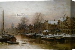 New Amsterdam: Palisades Canvas Prints - Snow Covered Barges on The Singel Amsterdam by Johannes Christiaan Karel Klinkenberg