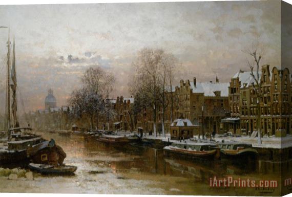 Johannes Christiaan Karel Klinkenberg Snow Covered Barges on The Singel Amsterdam Stretched Canvas Print / Canvas Art