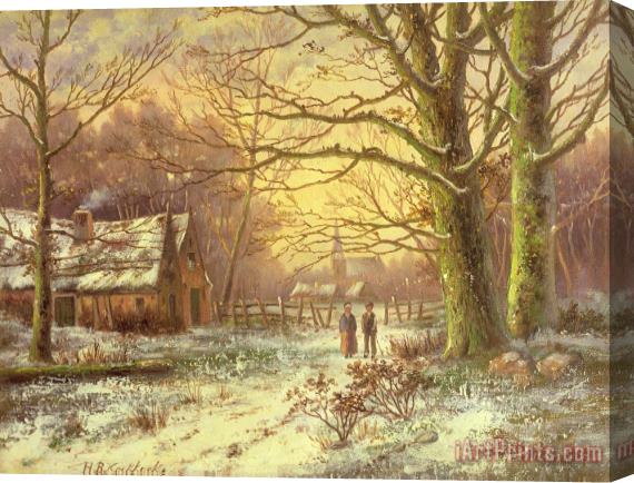 Johannes Hermann Barend Koekkoek Figures on a path before a village in winter Stretched Canvas Painting / Canvas Art