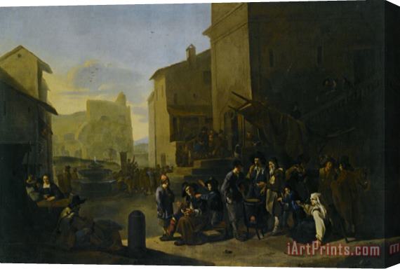 Johannes Lingelbach A Roman Market Scene with Peasants Gathered Around a Stove Stretched Canvas Painting / Canvas Art