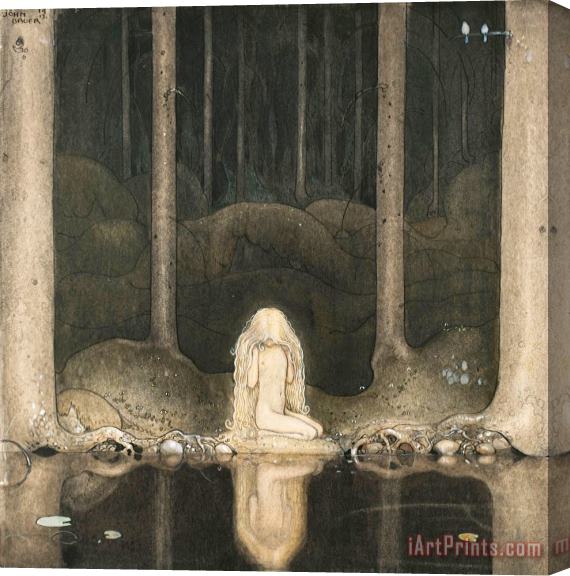 John Bauer Princess Tuvstarr Gazing Down Into The Dark Waters of The Forest Tarn. Stretched Canvas Print / Canvas Art