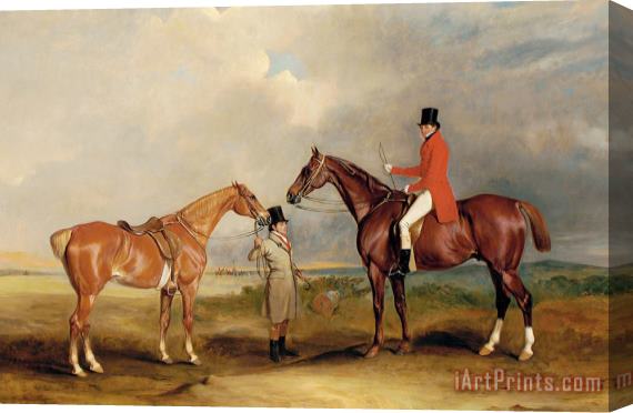 John E Ferneley Portrait Of John Drummond On A Hunter With A Groom Holding His Second Horse Stretched Canvas Painting / Canvas Art