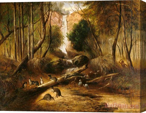 John Skinner Prout Bush Landscape with Waterfall And an Aborigine Stalking Native Animals, New South Wales Stretched Canvas Print / Canvas Art