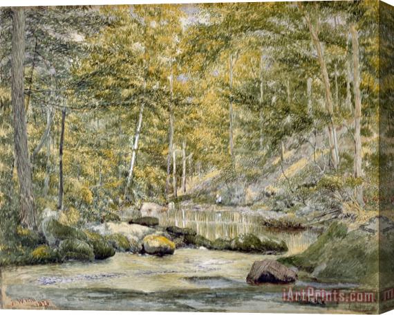 John William Hill Woodland Pool with Men Fishing Stretched Canvas Print / Canvas Art