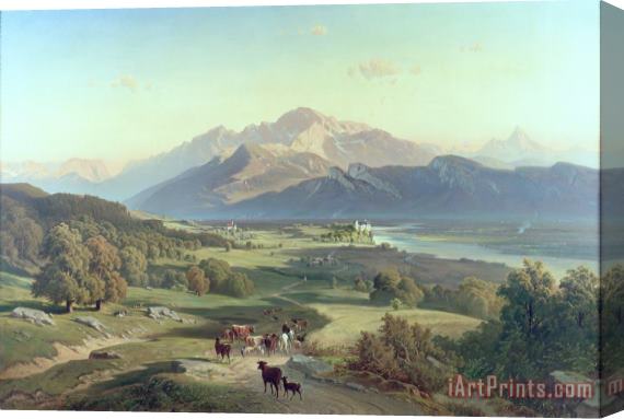 Josef Mayburger Drover on Horseback with his Cattle in a Mountainous Landscape with Schloss Anif Salzburg and beyond Stretched Canvas Print / Canvas Art