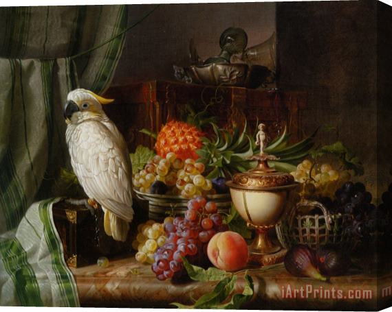 Josef Schuster A Cockatoo Grapes Figs Plums a Pineapple And a Peach Stretched Canvas Painting / Canvas Art
