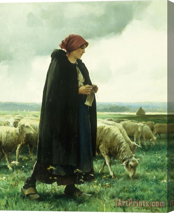 Julien Dupre A Shepherdess With Her Flock Stretched Canvas Painting / Canvas Art