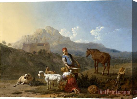 Karel Dujardin Italian Landscape with Girl Milking a Goat Stretched Canvas Painting / Canvas Art
