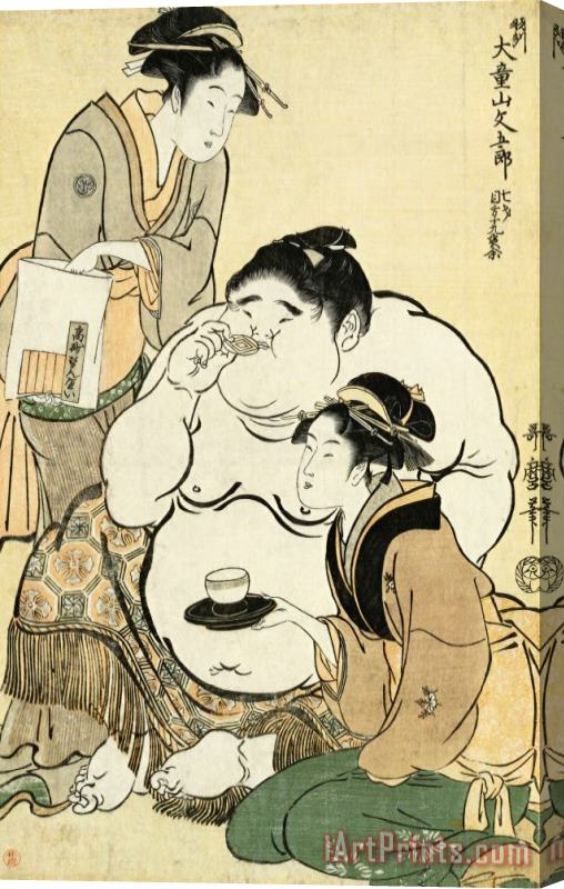 Kitagawa Utamaro Daidozan Bungoro, The Infant Prodigy Drinking Sake And Being Offered Tea by The Famous Beauty And Teahouse Waitress Okita of The Naniwaya And Biscuits Stretched Canvas Print / Canvas Art