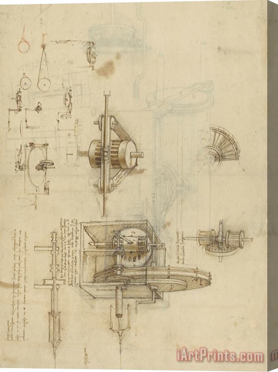 Leonardo da Vinci Crank Spinning Machine With Several Details Stretched Canvas Print / Canvas Art