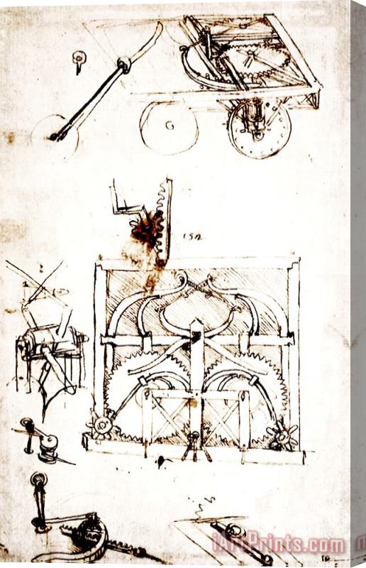 Leonardo da Vinci Drawing For An Automobile Mechanisms Stretched Canvas Painting / Canvas Art