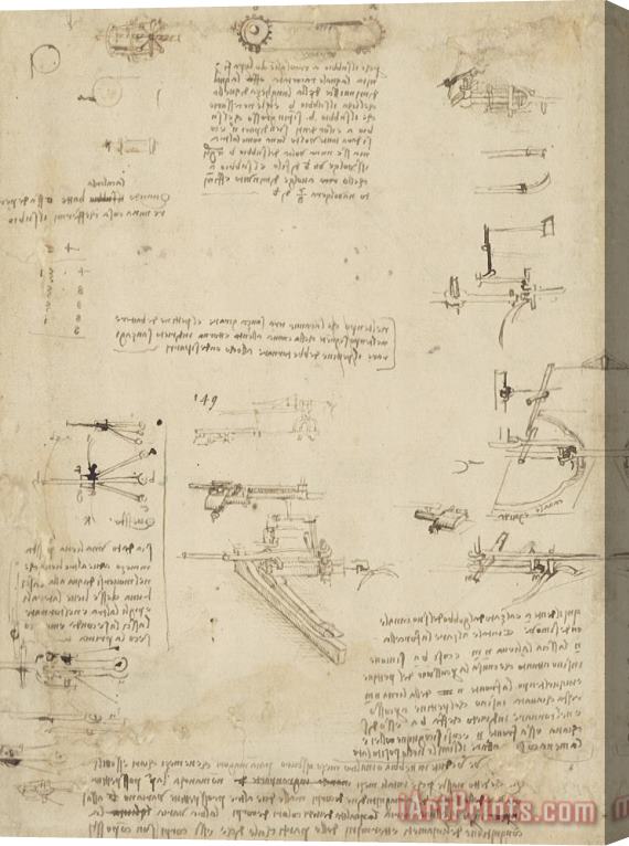 Leonardo da Vinci Notes About Perspective And Sketch Of Devices For Textile Machinery From Atlantic Codex Stretched Canvas Print / Canvas Art