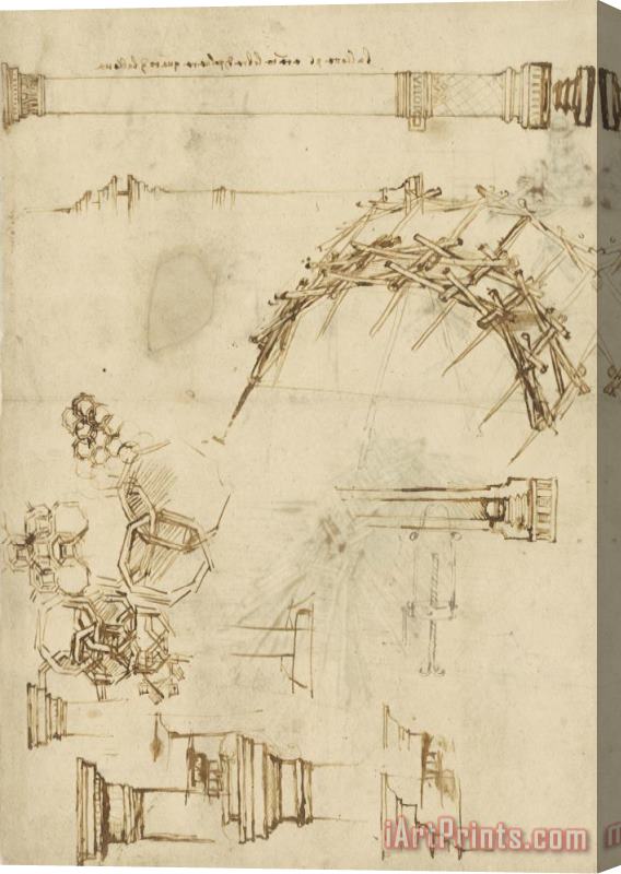 Leonardo da Vinci Screw Breech Bombard Decorative Geometrical Drawings Framework Of Self Supporting Military Bridge Stretched Canvas Painting / Canvas Art