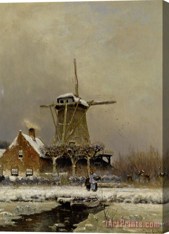 Louis Apol Figures by a Windmill in a Snow Covered Landscape Stretched Canvas Painting / Canvas Art