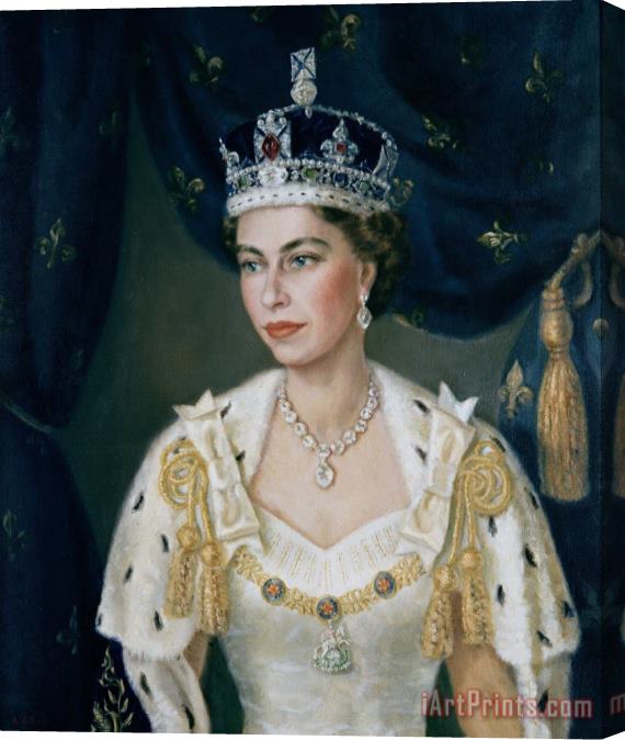 Lydia de Burgh Portrait of Queen Elizabeth II wearing coronation robes and the Imperial State Crown Stretched Canvas Print / Canvas Art