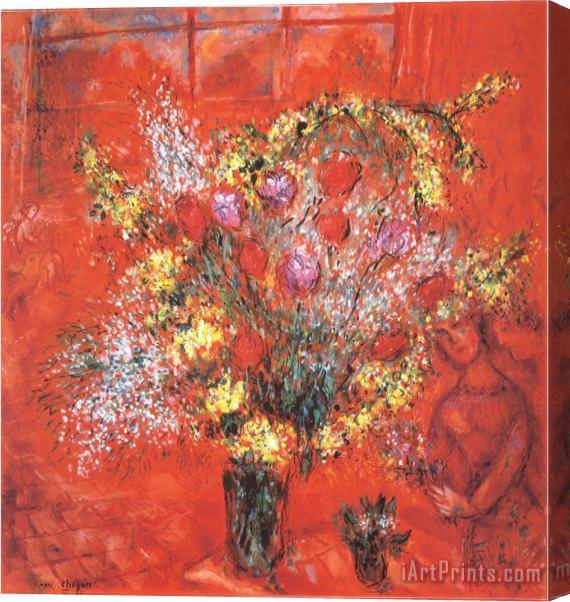 Marc Chagall Fleurs Sur Fond Rouge C 1970 Stretched Canvas Painting / Canvas Art