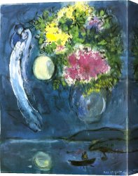 Bouquet De Fleurs Et L'esquisse D'une Statue, 1949 Canvas Prints - Lovers with Bouquet C 1949 by Marc Chagall