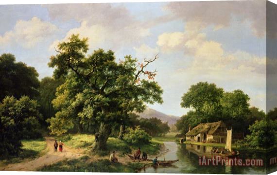 Marinus Adrianus Koekkoek Wooded River Landscape With Peasants Unloading A Ferry Stretched Canvas Painting / Canvas Art