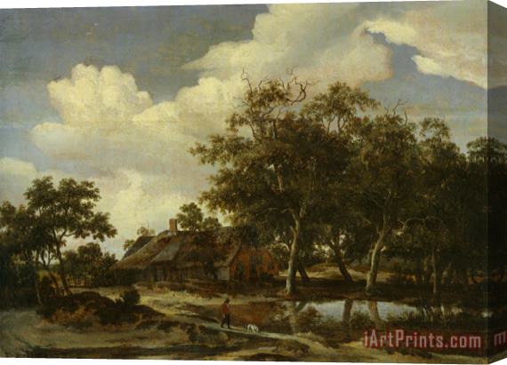 Meindert Hobbema A Wooded Landscape with a Figure Crossing a Bridge Over a Stream Stretched Canvas Painting / Canvas Art