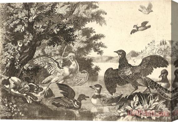 Melchior de Hondecoeter Watervogels En Een Hond Stretched Canvas Print / Canvas Art