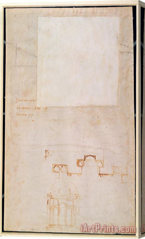 Michelangelo Buonarroti Architectural Study with Notes Brown Pen on Paper Recto Stretched Canvas Print / Canvas Art