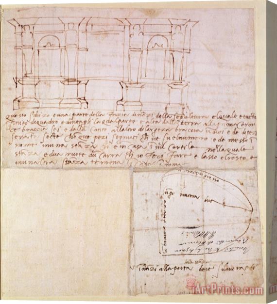 Michelangelo Buonarroti W 23r Architectural Sketch with Notes Stretched Canvas Print / Canvas Art