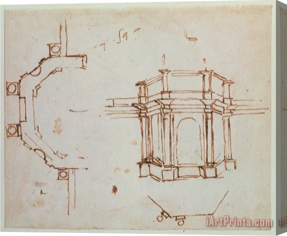 Michelangelo Buonarroti W 24r Architectural Sketch Stretched Canvas Print / Canvas Art