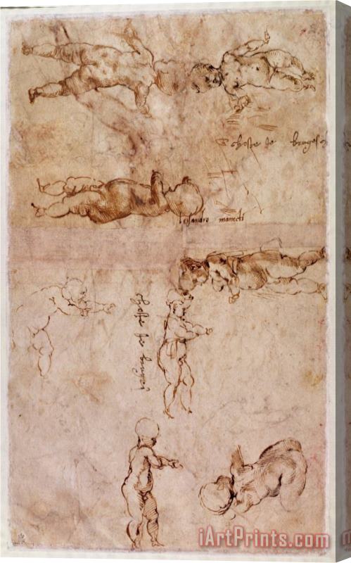 Michelangelo Buonarroti W 4v Page of Sketches of Babies Or Cherubs Stretched Canvas Painting / Canvas Art