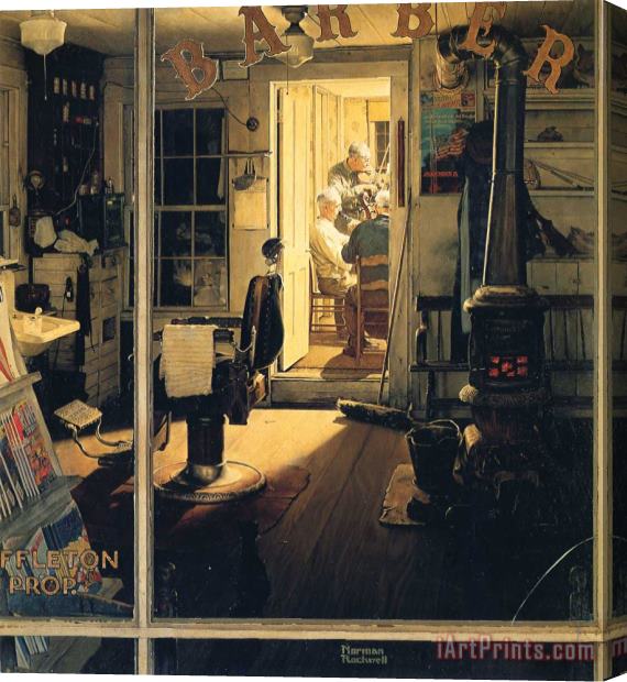 Norman Rockwell Shuffleton's Barbershop 1950 Stretched Canvas Painting / Canvas Art