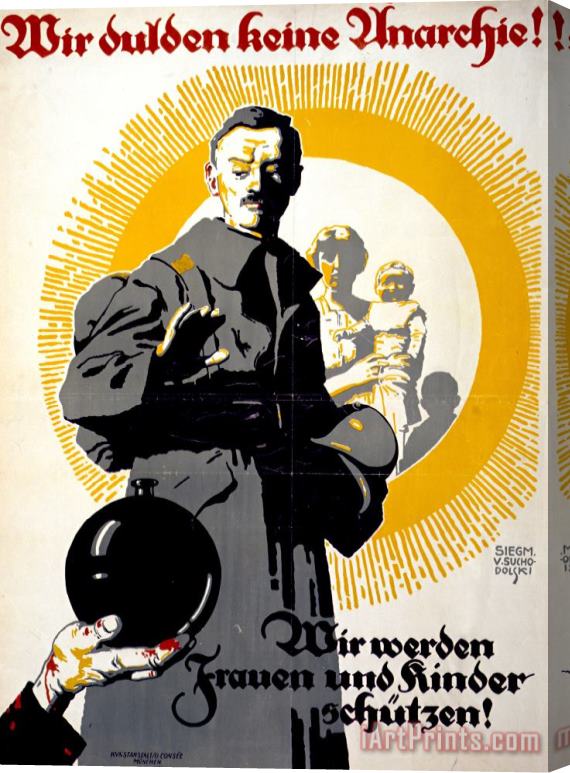 Others German Political Poster Shows A Soldier Standing In Front Of A Woman And Her Children Stretched Canvas Painting / Canvas Art