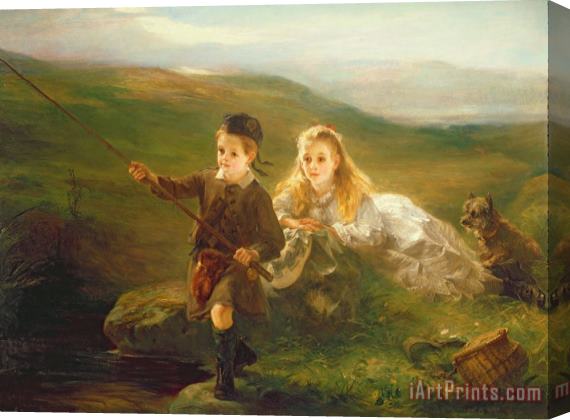 Otto Leyde Two Children Fishing in Scotland Stretched Canvas Print / Canvas Art