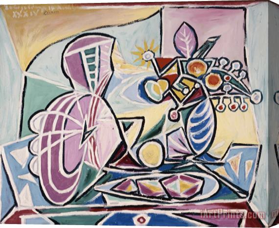Pablo Picasso Mandolin And Vase of Flowers Stretched Canvas Print / Canvas Art