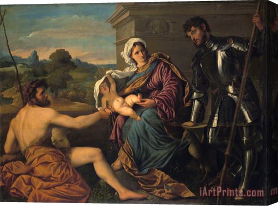 Paris Bordone Madonna And Child with Saint John The Baptist And Saint George (holy Conversation) Stretched Canvas Painting / Canvas Art